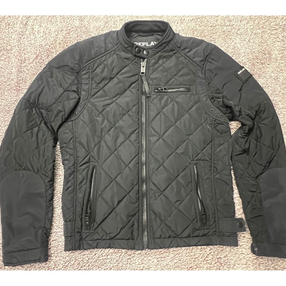 Replay Men's Small Quilted Moto Jacket Black Full Zip Lightweight Biker Coat
